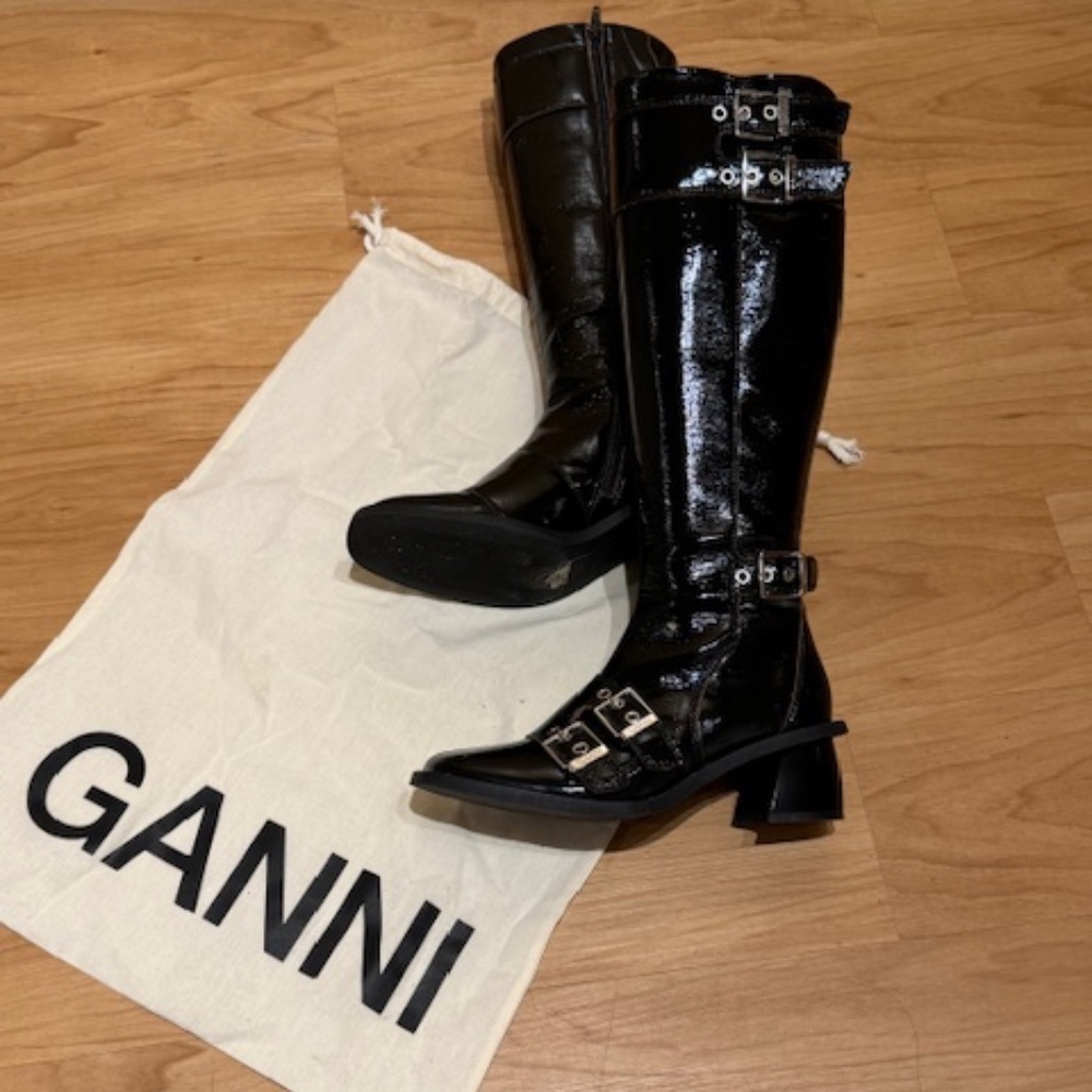 Ganni Black Patent Leather Knee-High Buckle Boots - Picture 8 of 15